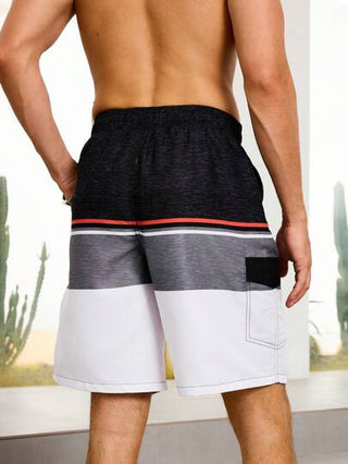 Manfinity Swimmode شورت شاطئ رجالي بلون متباين وجيب وحبل لربط الخصر، مناسب للصيف، شورت هاواي