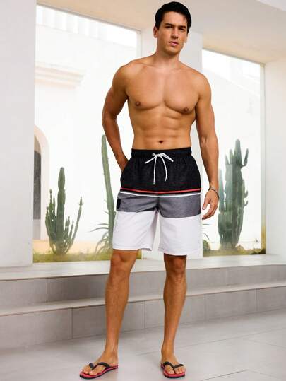 Manfinity Swimmode شورت شاطئ رجالي بلون متباين وجيب وحبل لربط الخصر، مناسب للصيف، شورت هاواي