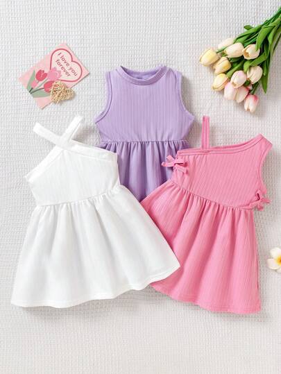فساتين بيبي مجموعة من 3 فستان للبنات الرضع موضة، بتصميم أكمام بلا كتف ذات ألوان دوبامين، ملائمة للصيف والخارج