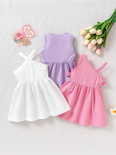 فساتين بيبي مجموعة من 3 فستان للبنات الرضع موضة، بتصميم أكمام بلا كتف ذات ألوان دوبامين، ملائمة للصيف والخارج