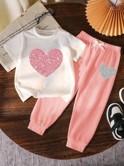 تيشيرتات بناتي تي شيرت قصيرة الأكمام بياقة مستديرة وبنطال، طقم صيفي للفتاة الشابة بتصميم مبسط