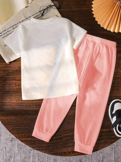 تيشيرتات بناتي تي شيرت قصيرة الأكمام بياقة مستديرة وبنطال، طقم صيفي للفتاة الشابة بتصميم مبسط
