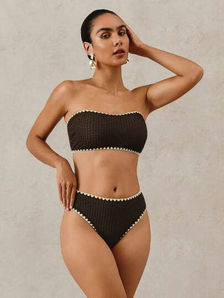Swim Basics مجموعة 3 قطع من النسيج المواري بألوان الصيف الداكنة ( توبين + بدلة سباحة واحدة)، إكسسوارات صيفية بطراز بسيط مصنوعة يدويًا من قماش الكروشيه للنساء