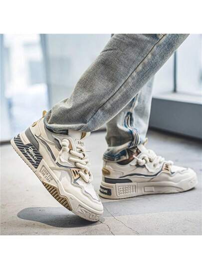 أحذية رياضية بنعل سميك مصنوعة من جلد البولي يوريثان للرجال، كاجوال عصري، أحذية لوفر مع رباط أبيض للرجال