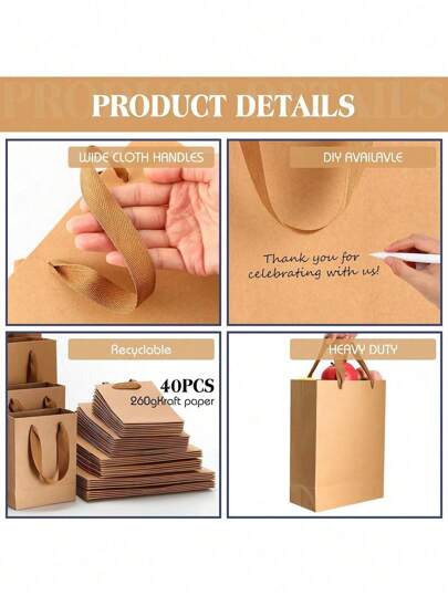 1/5/10 حقيبة هدايا من الورق الكرافت مع مقابض - قابلة للطي عالية الجودة، أكياس بنية لأعراض الزفاف وأعياد الميلاد، التسوق البقالة، مستلزمات الأعمال الصغيرة