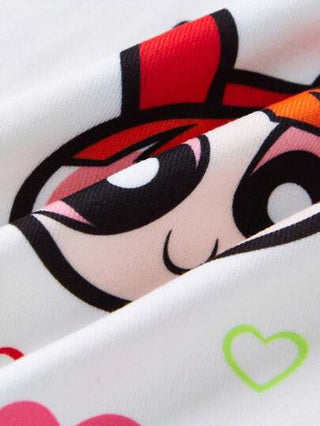 بيجاما THE POWERPUFF GIRLS X مجموعة بيجامة للمنزل تتكون من تي شيرت بأكمام قصيرة قطنية بيضاء مزينة برسومات أزهار وفقاعات وزهور الذرة وسروال رشيق ملائم للفتاة المراهقة