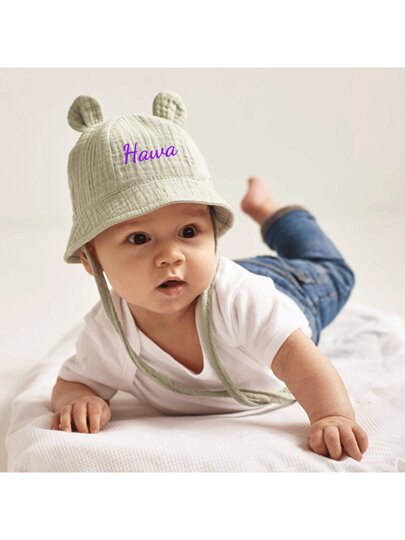 قبعة دلو من قماش الموسلين ذات لون واحد مخصص للأطفال حديثي الولادة، قبعة دلو بأذن أرنب عصرية للأطفال، قبعة واقية من الشمس للأطفال