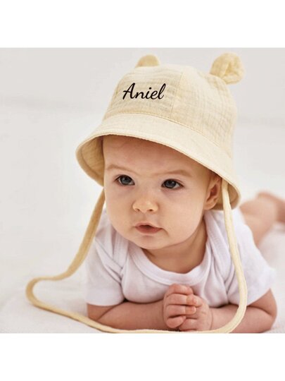 قبعة دلو من قماش الموسلين ذات لون واحد مخصص للأطفال حديثي الولادة، قبعة دلو بأذن أرنب عصرية للأطفال، قبعة واقية من الشمس للأطفال