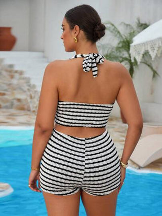 Swim Vcay بكيني بتصميم شريطي مطبوع مقاسات كبيرة للنساء في الصيف