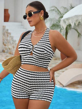 Swim Vcay بكيني بتصميم شريطي مطبوع مقاسات كبيرة للنساء في الصيف
