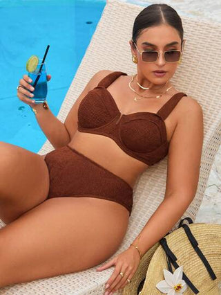 Swim Vcay طقم بكيني سباحة من نسيج خاص بألوان الكافيه للمقاسات الكبيرة