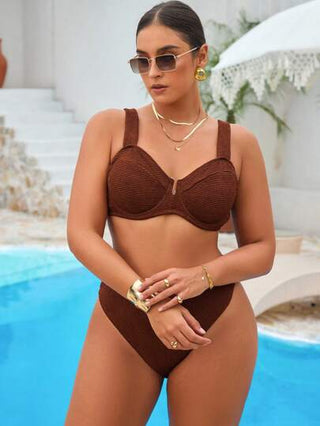 Swim Vcay طقم بكيني سباحة من نسيج خاص بألوان الكافيه للمقاسات الكبيرة