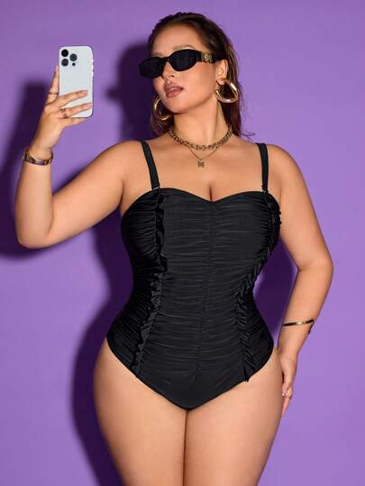 SHEIN Swim Curve قطعة من ملابس السباحة ذات القطعة الواحدة، ذات حزام قابل للفصل باللون الأسود، مصممة بطيات في منتصف الجسم، مناسبة للتخسيس والاستخدام في العطلات