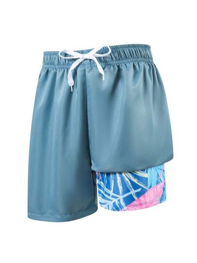 مايوه أولادي شورت شاطئي مُنسوج بنقشة الزهور والنباتات مناسب للمراهقين الذكور، 2 في 1، مناسب للرحلات