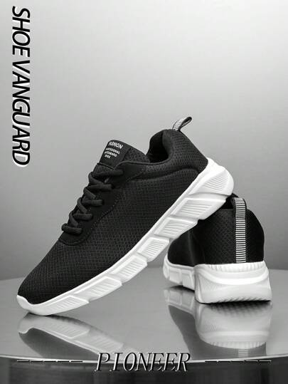 حذاء رياضي رجالي كلاسيكي، لون أسود وأبيض متباين المنفذ، سميك الأسفل، قابل للتنفس، أنيق للارتداء اليومي والشارع، بتصميم خفيف وبسيط مناسب للاستخدام الرياضي والخارجي