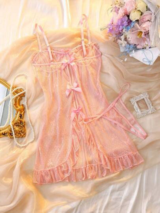 لانجيري حريمي DelicateAllure طقم ملابس داخلية 2 قطعة للنساء مزين بفراشة العقدة والدانتيل مكشوف الظهر، مرسوم بأزهار ودرزات حواف متدلية شبكية شفافة نصف