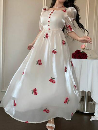 Modelyn فستان نسائي ضيق القصة بأكمام منتفخة وخصر مطوي، مطرز بنقشات زهور صغيرة على رقبة مربعة، مناسب لفصل الربيع والصيف
