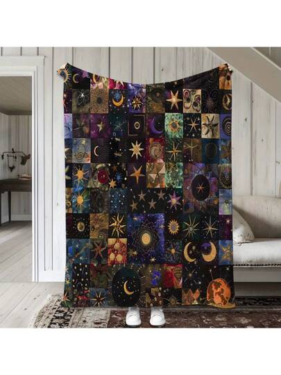 قطعة واحدة بطانية شيربا من الفلانيل الدافئة والناعمة للاستخدام في كل المواسم، بتصميم كوني ليلي نجمي وقمري رائع للأريكة والسرير والسيارة والمكتب والتخييم والسفر، هدية مثالية لجميع المناسبات، خليط بوليستر بموضوع الفلك والقمر
