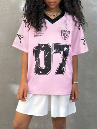 ملابس رياضية أطفال Coolane ملابس صيفية لفتيات المراهقات عبارة عن قميص جيرسيه وتنورة فقاعية قطعتين مع رسم وردي ومخطط أرقام وفيونكة