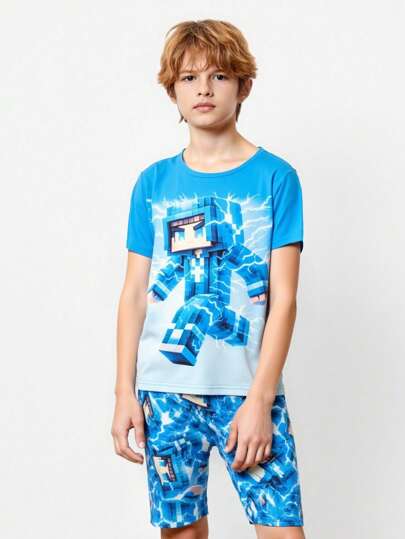 طقم قصير الأكمام من قميص تي شيرت وشورت مطبوع به شخصية آدم البرق للأولاد للراحة المنزلية، موديل أنيق مكون من 2 قطعة