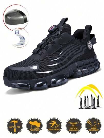 بوت أمان برقبة فولاذية للرجال، سهلة الارتداء بزر دوّار بوت أمان عمل، بوت رياضية للعمل قابلة للتنفس، مضادة للصدمات وللثقب، ناعمة وقابلة للتنفس، مريحة، باللون الأسود والرمادي، للتنزه في الهواء الطلق وأعمال البناء