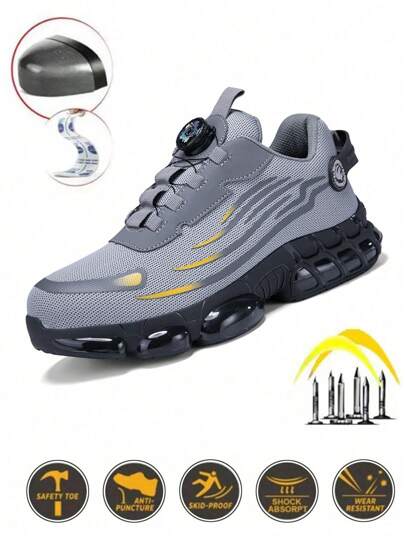 بوت أمان للرجال، بوت العمل والرياضة مع زر دوار سهل ارتداء، بوت أمان للعمل، بوت عمل رياضية تنفس للرجال، مقاومة للكسر والثقب، ناعمة ومريحة التنفس، باللونين الأسود والرمادي، مناسبة للتنزه والأعمال الإنشائية