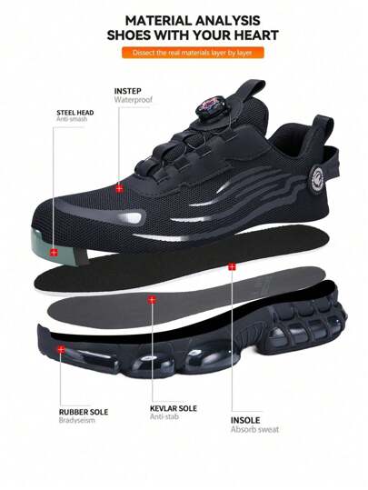 بوت أمان برقبة فولاذية للرجال، سهلة الارتداء بزر دوّار بوت أمان عمل، بوت رياضية للعمل قابلة للتنفس، مضادة للصدمات وللثقب، ناعمة وقابلة للتنفس، مريحة، باللون الأسود والرمادي، للتنزه في الهواء الطلق وأعمال البناء