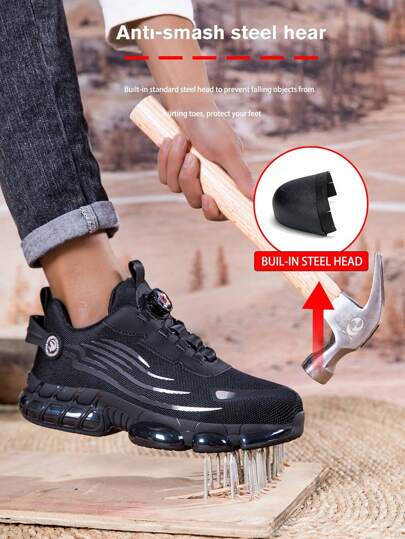 بوت أمان برقبة فولاذية للرجال، سهلة الارتداء بزر دوّار بوت أمان عمل، بوت رياضية للعمل قابلة للتنفس، مضادة للصدمات وللثقب، ناعمة وقابلة للتنفس، مريحة، باللون الأسود والرمادي، للتنزه في الهواء الطلق وأعمال البناء