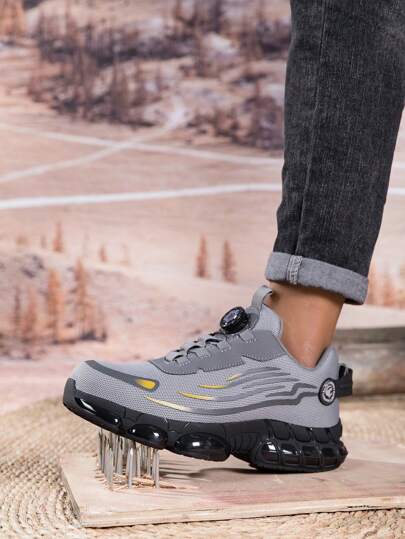 بوت أمان للرجال، بوت العمل والرياضة مع زر دوار سهل ارتداء، بوت أمان للعمل، بوت عمل رياضية تنفس للرجال، مقاومة للكسر والثقب، ناعمة ومريحة التنفس، باللونين الأسود والرمادي، مناسبة للتنزه والأعمال الإنشائية