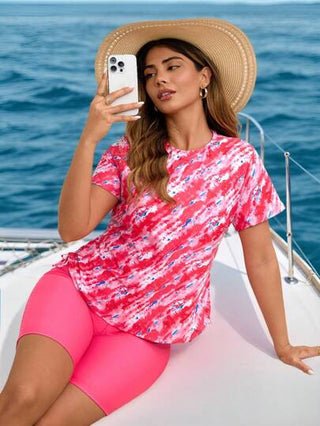 Swim Shayni ملابس سباحة ذات أكمام قصيرة وطية كبيرة الحجم للسيدات مطبوعة بطباعة عشوائية