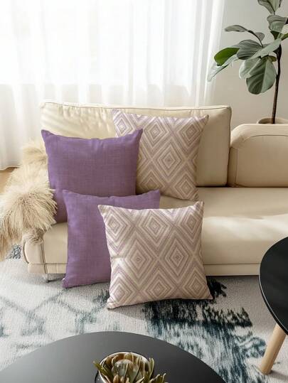 4 قطع غطاء وسادة بطراز هندسي عصري بلون بنفسجي، مجموعة من 4 أغطية وسائد ناعمة وملمسها مريح، مناسبة لديكور المنزل والصالة والمكتب والأرائك