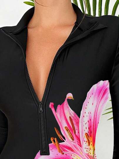 SHEIN Swim قطعة واحدة بلوزة نسائية طويلة الأكمام برقبة مزيفة، مطبوعة بزهور، للرياضات العشوائية والتزلج على الأمواج