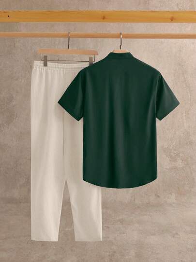 HIMLAND مجموعتان من القمصان الرجالية القصيرة الأكمام بياقة حرف V ضيقة القصة من القماش المنسوج،كاجوال