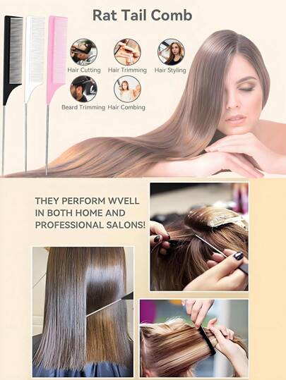 1 قطعة/2 قطعة/3 قطع - مجموعة مشط ذيل الفأر، مشط متصدع، مشط ناعم الأسنان، مشط معدني، مشط مقاوم للحرارة من الكربون وإبرة ذيل من الفولاذ المقاوم للصدأ، طبل من الفولاذ المقاوم للصدأ والمعدن، يستخدم لتصفيف الشعر والتقسيم والتحشية الخلفية وما بعد التلوين