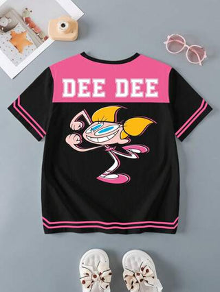 تيشيرتات بناتي Dexter's Laboratory X تي شيرت رقبة دائرية أكمام قصيرة بألوان متباينة مع طبعات كرتونية ورسوم مخططة للفتيات المراهقات