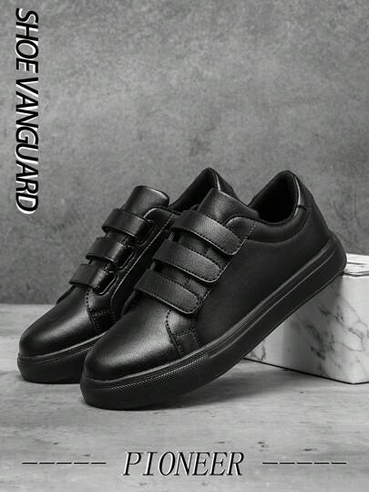 أحذية رياضية منخفضة الكعب جلدية سوداء كلاسيكية ذات تصميم ألوان متعددة، باستخدام مشابك وفتحات، بياقة مستديرة، متعددة الاستخدامات للارتداء اليومي، مريحة وخفيفة الوزن، كاجوال ورسمي