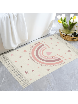 1 قطعة من السجاد المنسوج المطبوع بطراز شرقي ملون بتصميم النجوم والقلوب متعدد الألوان حوّاف مذنّبة ، قابل للغسيل في الغسالة، بخطوط زهري وبيج، مناسب لغرفة المعيشة والنوم والحمام والمكتب، هدية تخرج للفتيات ،ديكور المنزل