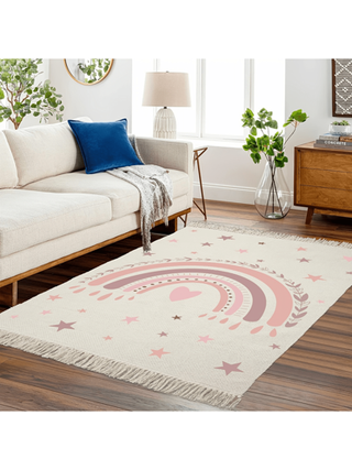 1 قطعة من السجاد المنسوج المطبوع بطراز شرقي ملون بتصميم النجوم والقلوب متعدد الألوان حوّاف مذنّبة ، قابل للغسيل في الغسالة، بخطوط زهري وبيج، مناسب لغرفة المعيشة والنوم والحمام والمكتب، هدية تخرج للفتيات ،ديكور المنزل