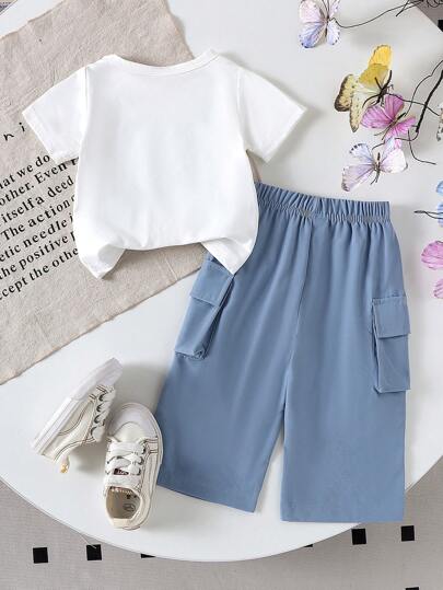 مجموعة 2 قطعة من القمصان ذات الأكمام القصيرة والبناطيل الكاجوال الصيفية الخفيفة الوزن للبنات الصغيرات للاستخدام اليومي والخارجي
