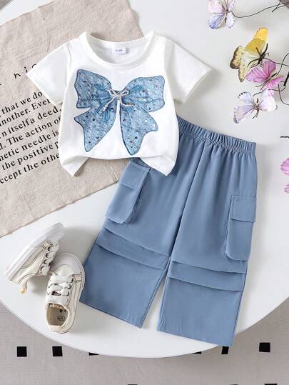 مجموعة 2 قطعة من القمصان ذات الأكمام القصيرة والبناطيل الكاجوال الصيفية الخفيفة الوزن للبنات الصغيرات للاستخدام اليومي والخارجي
