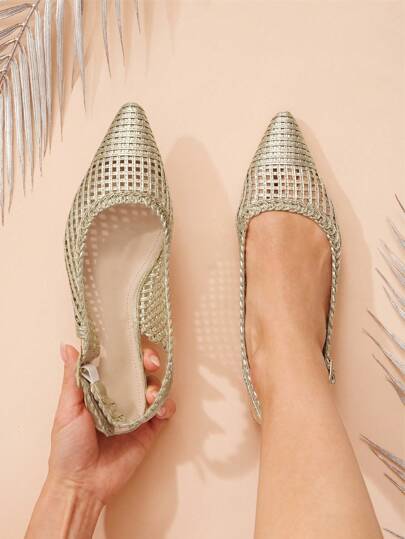 SHUZIA شبشب نسائي بكعب مدبب مزين منسوج بتصميم خلفي مفتوح