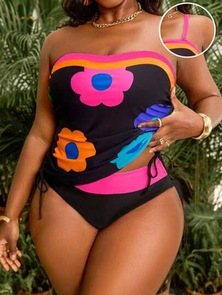 Slaydiva قطعتان من النساء ذوات الحجم الكبير ملابس علوية تانكيني رباط أسود الأساس مع زهري مع أسفل ذات خصر عالي مربوط، للأجازات الشاطئية الصيفية