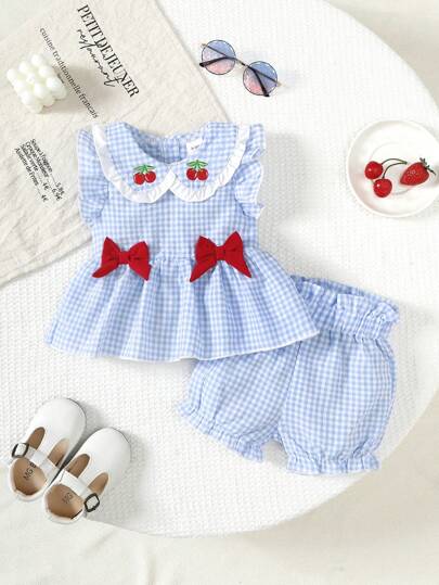 BrownBark مجموعة بنات 2 قطعة ، ملابس علوية أكمام بدون أكمام مع طباعة كرزة مطرزة + شورت قصير مربع الطباعة، بنطلون صيفي بنات مريح كاجوال