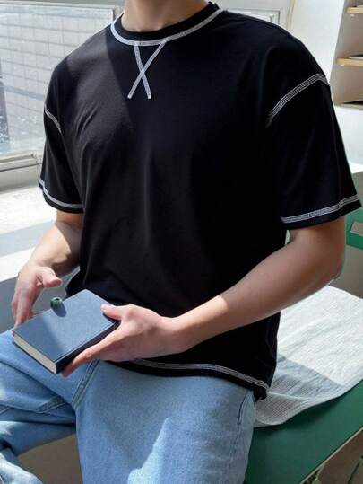 SHEIN قميص كاجوال للشباب بأكمام قصيرة، لارتداء في الحياة اليومية، الأعياد والمهرجانات الموسيقية، مناسب للربيع/الصيف، بطراز رياضي، بانك روك، كلية