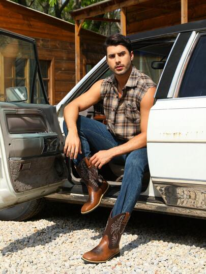 Mioeert بوت كاوبوي للرجال ذات القدم العريضة بخياطة مربعة من النوع الغربي مع نقش كلاسيكي، بوت ذات سحاب للارتداء السهل