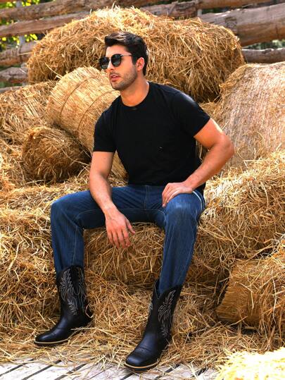 Mioeert بوت كاوبوي للرجال ذات القدم الواسعة والأصابع المربعة، بوت غربية كلاسيكية مطرزة سهلة الارتداء