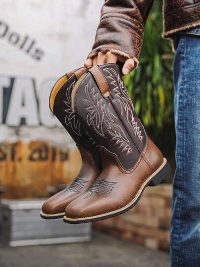 Mioeert بوت كاوبوي للرجال ذات القدم العريضة بخياطة مربعة من النوع الغربي مع نقش كلاسيكي، بوت ذات سحاب للارتداء السهل