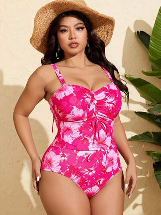 Swim Mod مجموعة من 2 قطعة لحجم كبير المرأة قميص مخطط بالزهور مع رباط و بنطلون عالي الخصر مطبوع ، مجموعة ملابس للصيف والشاطئ و العطلات