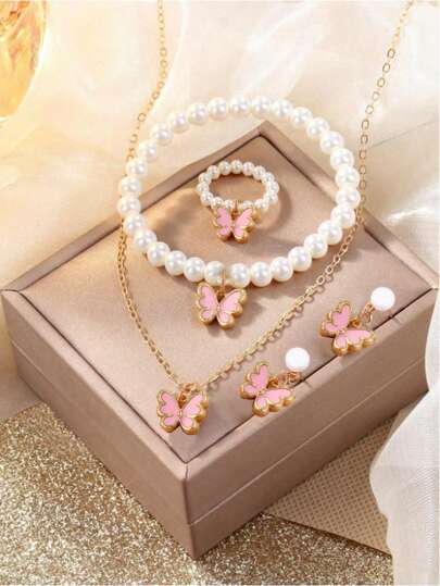 5 قطع/مجموعة مجوهرات فراشة أنيقة للفتيات، أنيقة وجميلة، تأتي مع قلادة الفراشة والسوار والخاتم والأقراط، هدية مثالية لأمك أو صديقتك، هدية مثالية للفتيات، هدايا