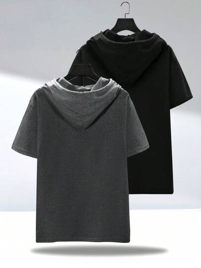 مجموعة من قطعتين موديل جديد للصيف للرجال قميص قصير الأكمام بنقشة لون سادة مع سحاب, حجم إضافي ،كاجوال رياضي للجري والسفر والنزهات البرية، موديلات أساسية من الأنماط البسيطة المصنوعة من الأقمشة المحبوكة